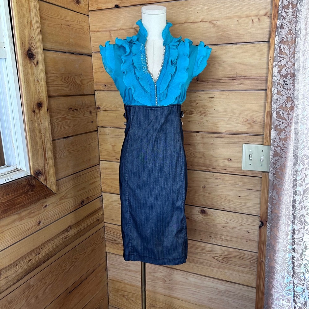 Vintage Sheath Dress Womens Extra Large Blue Ruffle Pinstripe Bodycon MISHA
